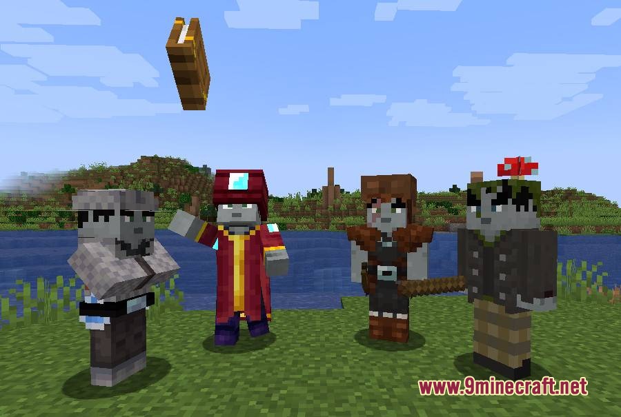 Terran Pillagers Resource Pack Screenshot 4 Four illagers with square heads and a floating book in a field