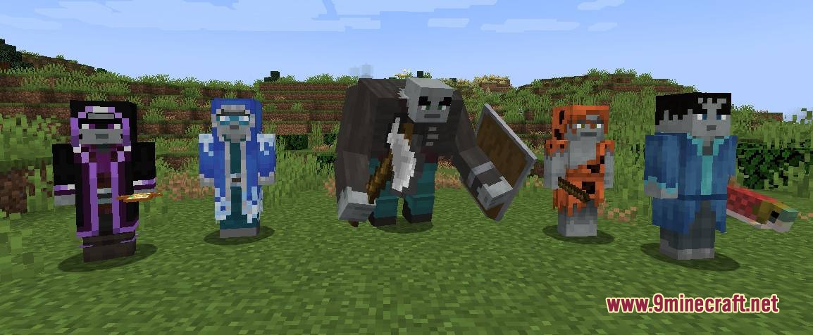 Terran Pillagers Resource Pack Screenshot 6 Five different illager variants with square heads standing together on grass