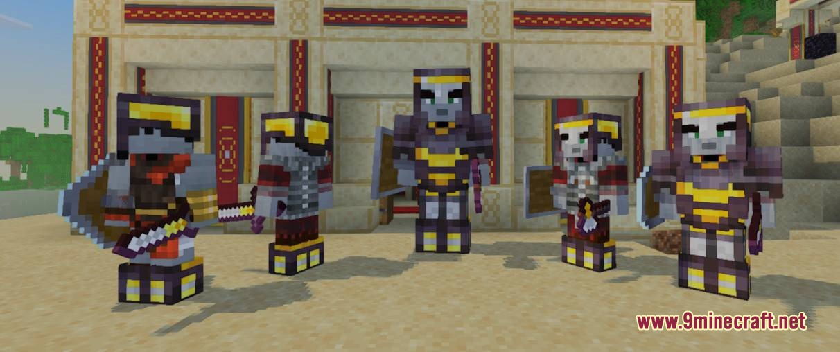 Terran Pillagers Resource Pack Screenshot 7 Five armored illagers with square heads standing in front of a desert building
