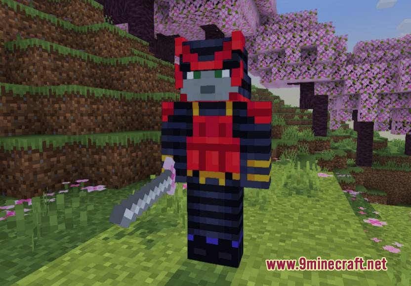 Terran Pillagers Resource Pack Screenshot 8 An illager wearing red samurai armor standing in a cherry blossom forest