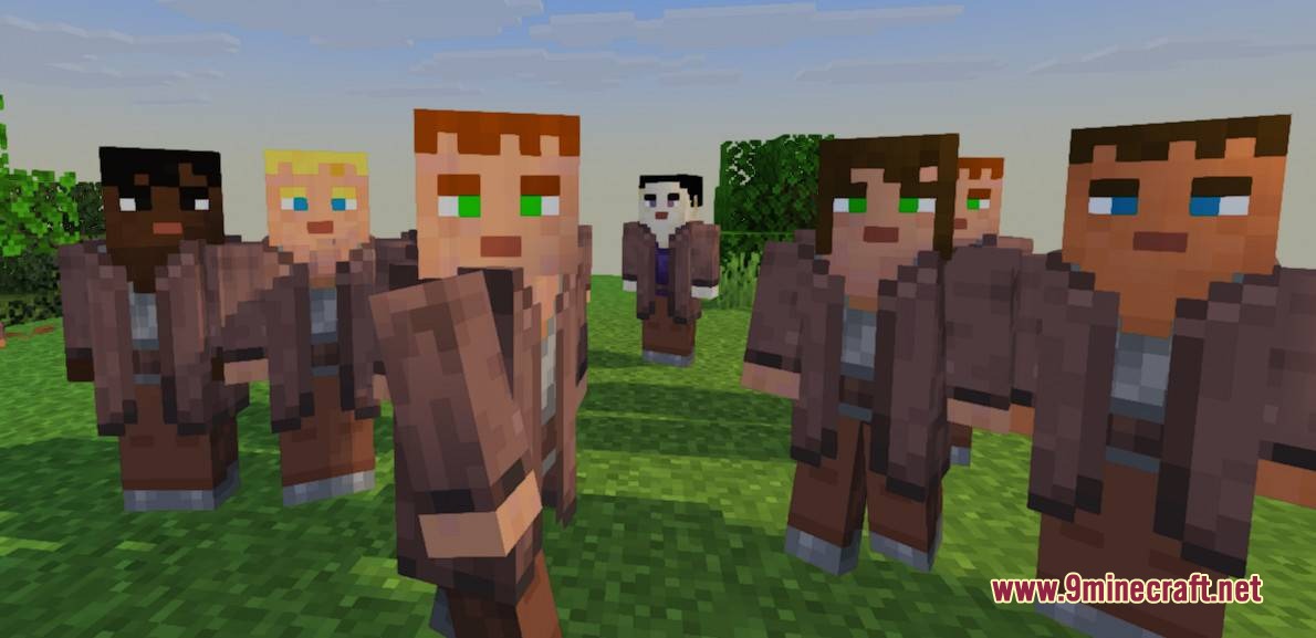 Terran Villagers Resource Pack Screenshot 1 A group of villagers with player like models standing on green grass