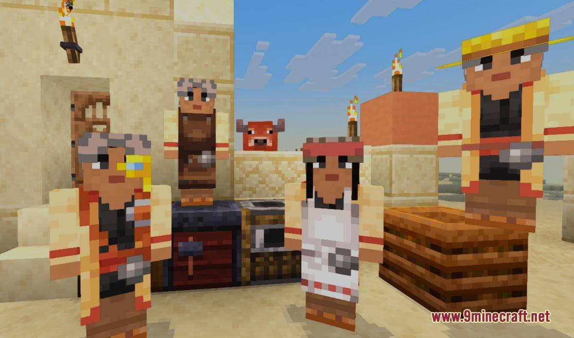 Terran Villagers Resource Pack Screenshot 2 Desert themed villagers with custom player models standing near a smithing table