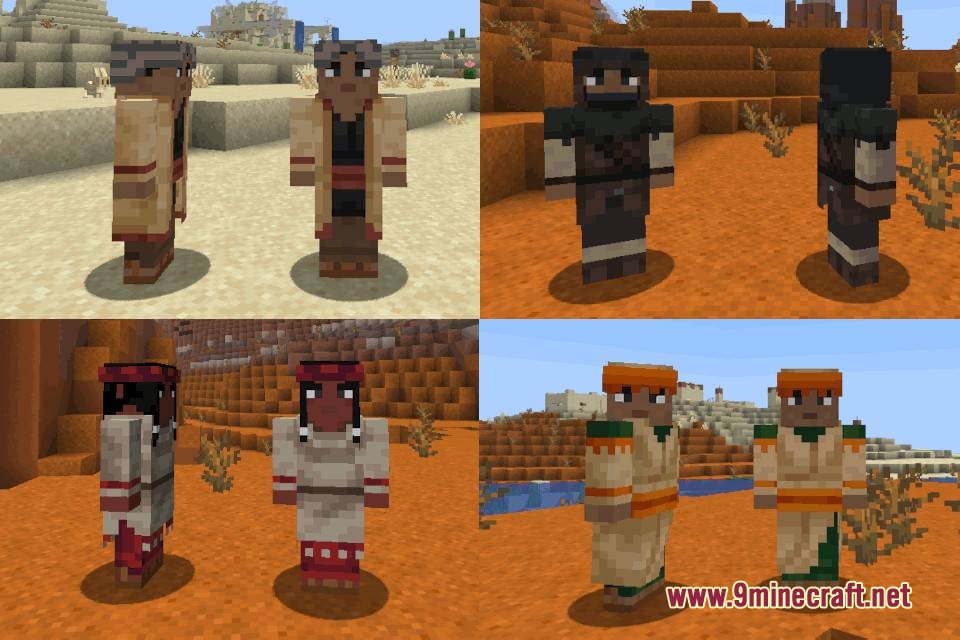 Terran Villagers Resource Pack Screenshot 4 A collage of villager designs with unique outfits in a desert biome