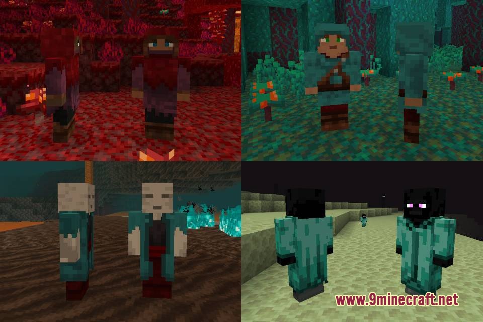 Terran Villagers Resource Pack Screenshot 7 Custom villager models with player like features standing in nether and end biomes