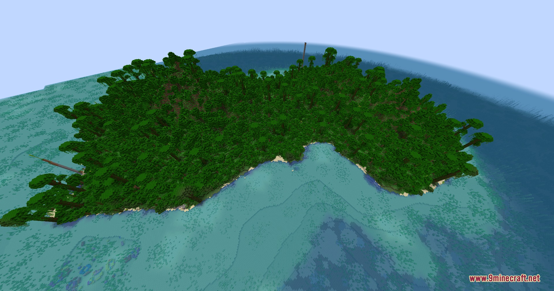Terrarium Expanded Mod Screenshot 4 Lush jungle island with dense vegetation surrounded by a clear blue ocean