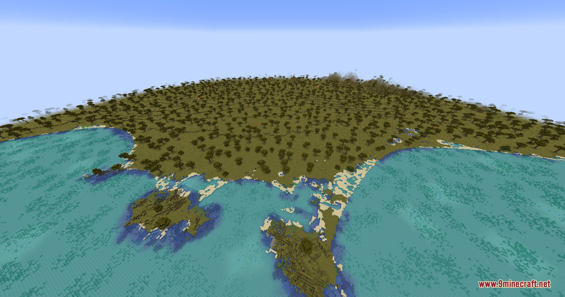 Terrarium Expanded Mod Screenshot 5 Wide aerial view of a savanna biome with scattered trees near the ocean coastline