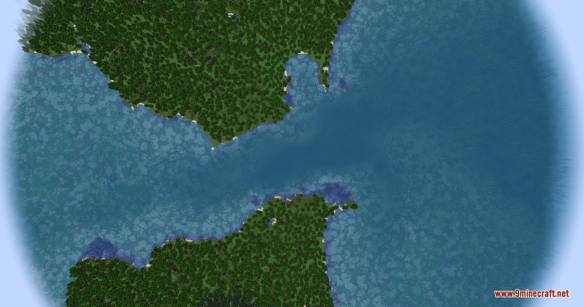 Terrarium Expanded Mod Screenshot 6 Overhead view of a narrow water strait between two dense green forest landmasses