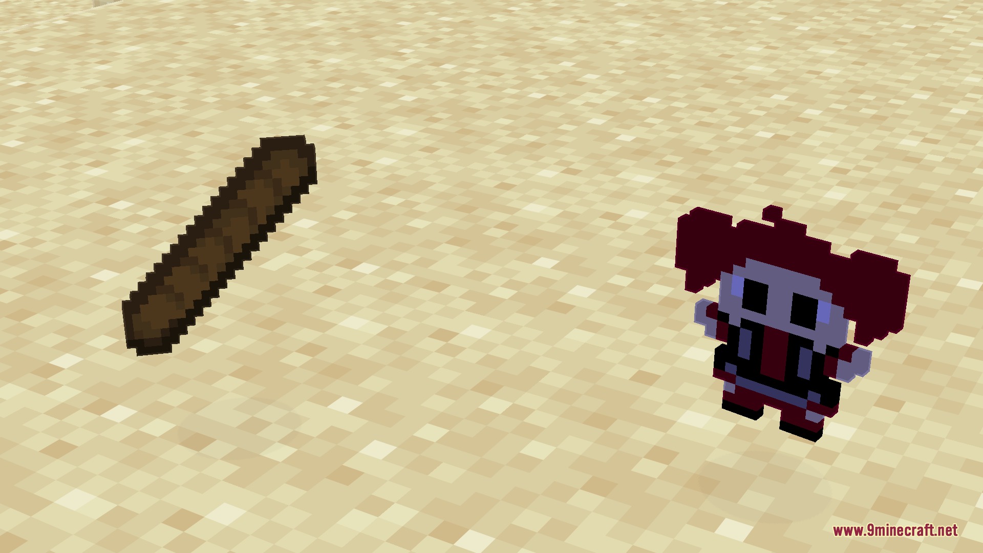 Teto Items Resource Pack Screenshot 1 A French baguette and a small Kasane Teto character on the sand