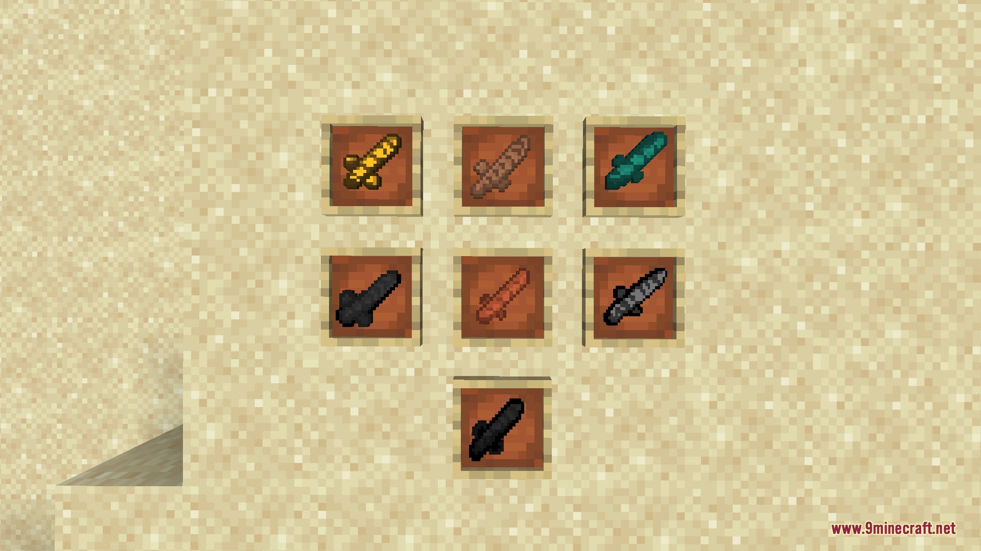 Teto Items Resource Pack Screenshot 2 Seven baguette swords displayed in item frames on a sandstone wall