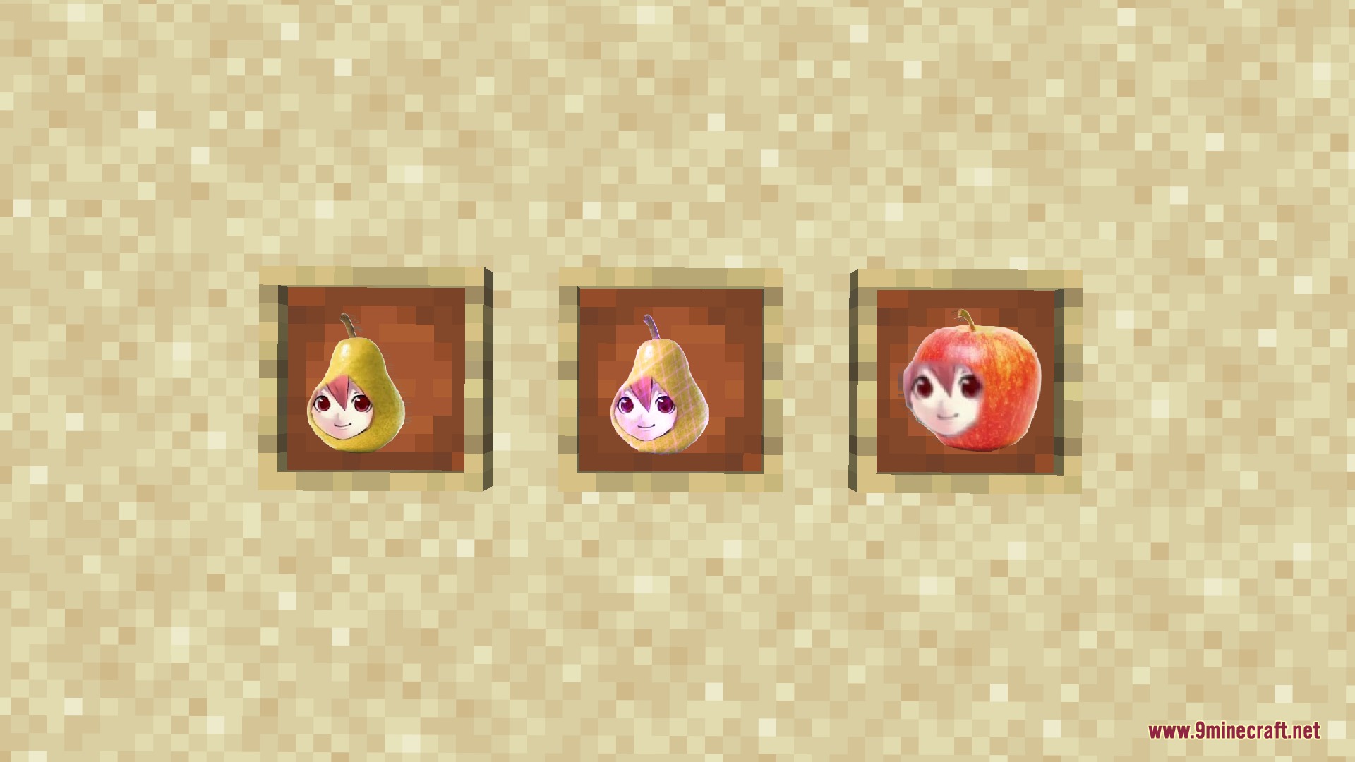 Teto Items Resource Pack Screenshot 5 Three item frames on a sand wall displaying fruit with anime faces