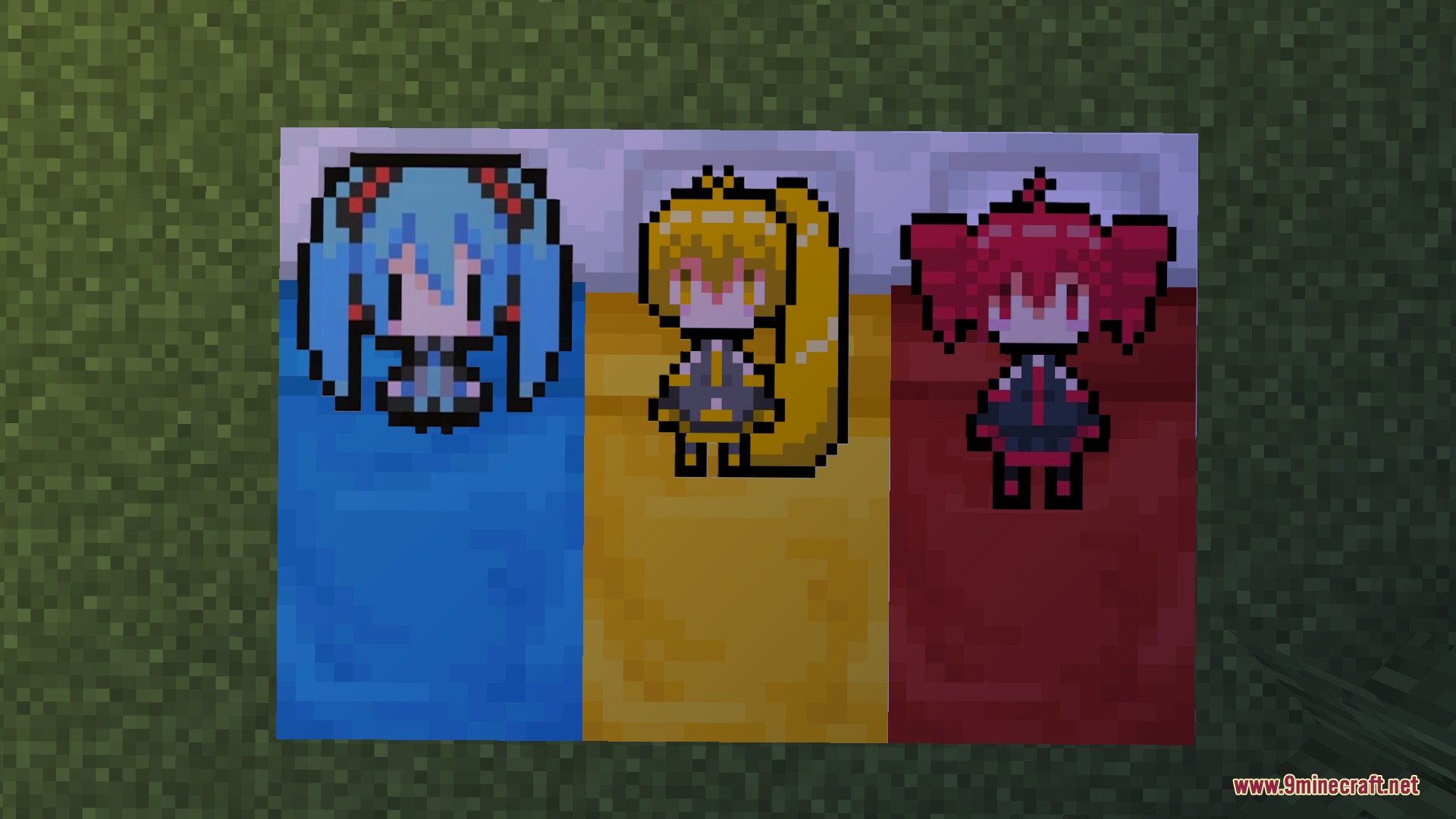Teto Items Resource Pack Screenshot 6 Three pixel art characters resting on colorful beds placed on the grass