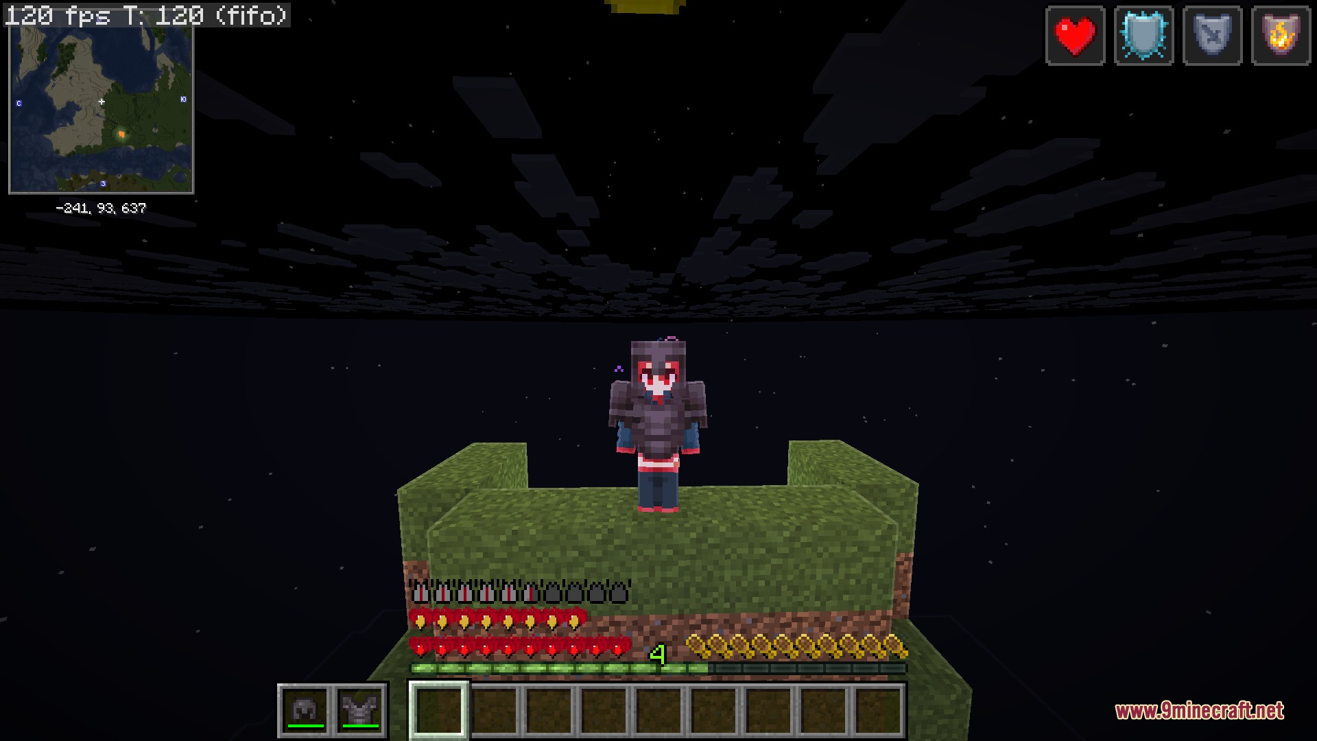 Teto Items Resource Pack Screenshot 7 A player wearing custom armor stands on a grass platform under a dark sky