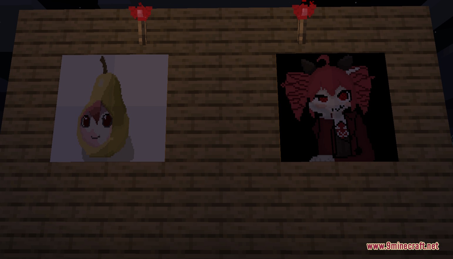 Tetoholic Resource Pack Screenshot 2 Two custom map art frames featuring Kasane Teto hanging under redstone torches