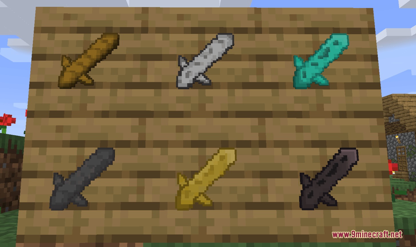 Tetoholic Resource Pack Screenshot 3 Six uniquely shaped Minecraft swords displayed on a wooden plank background