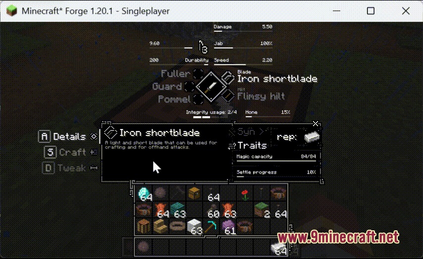 Tetra Insight Mod Screenshot 1 Tetra Insight interface showing detailed statistics and parts for an iron shortblade