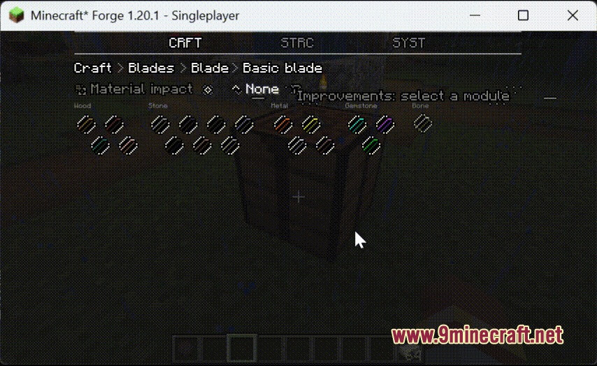 Tetra Insight Mod Screenshot 2 Crafting menu displaying material impact options for a basic tool blade