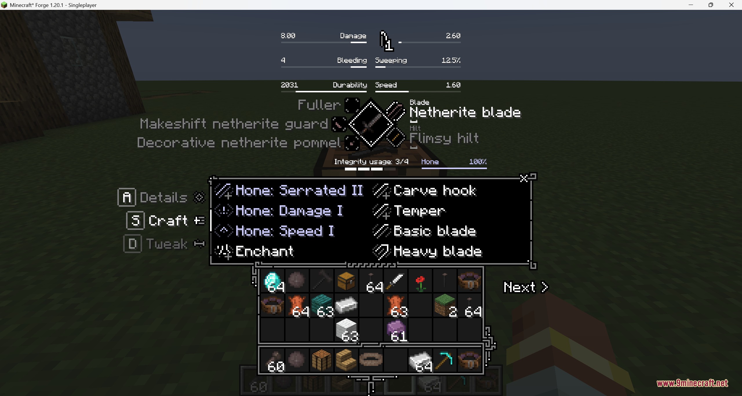 Tetra Insight Mod Screenshot 3 Workbench interface displaying various honing and carving paths for a netherite blade