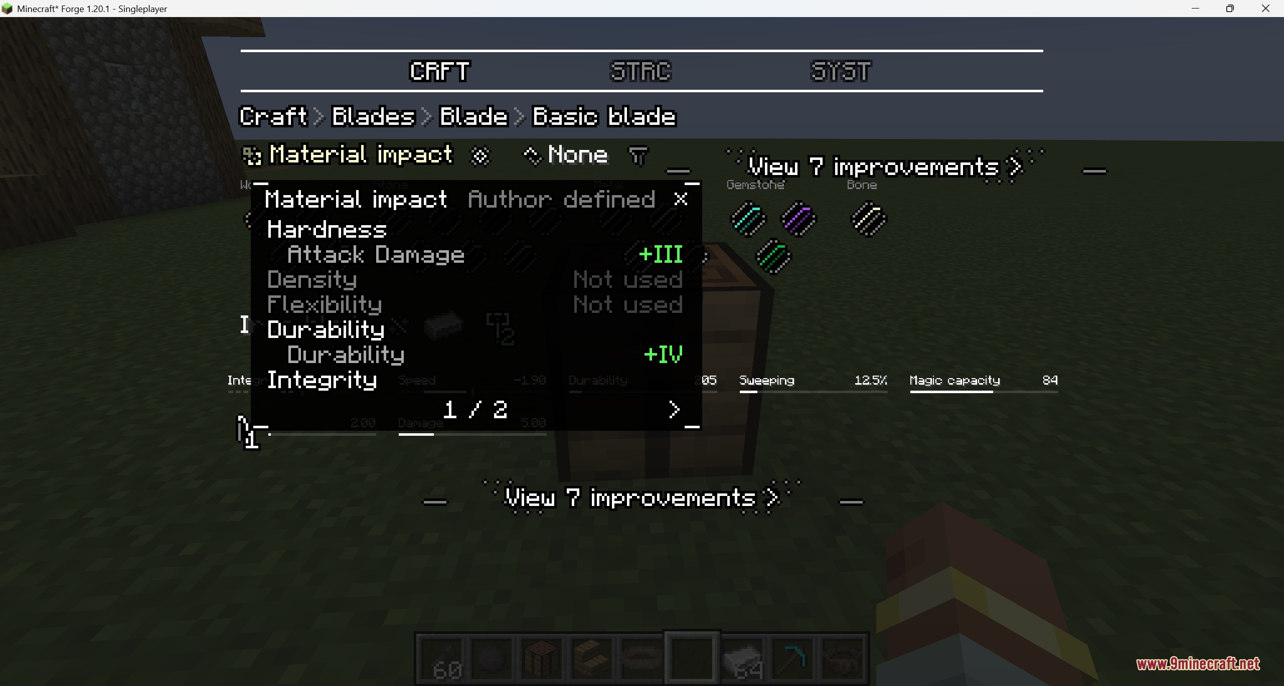 Tetra Insight Mod Screenshot 5 Displaying detailed material impact stats for a blade in the Tetra workbench