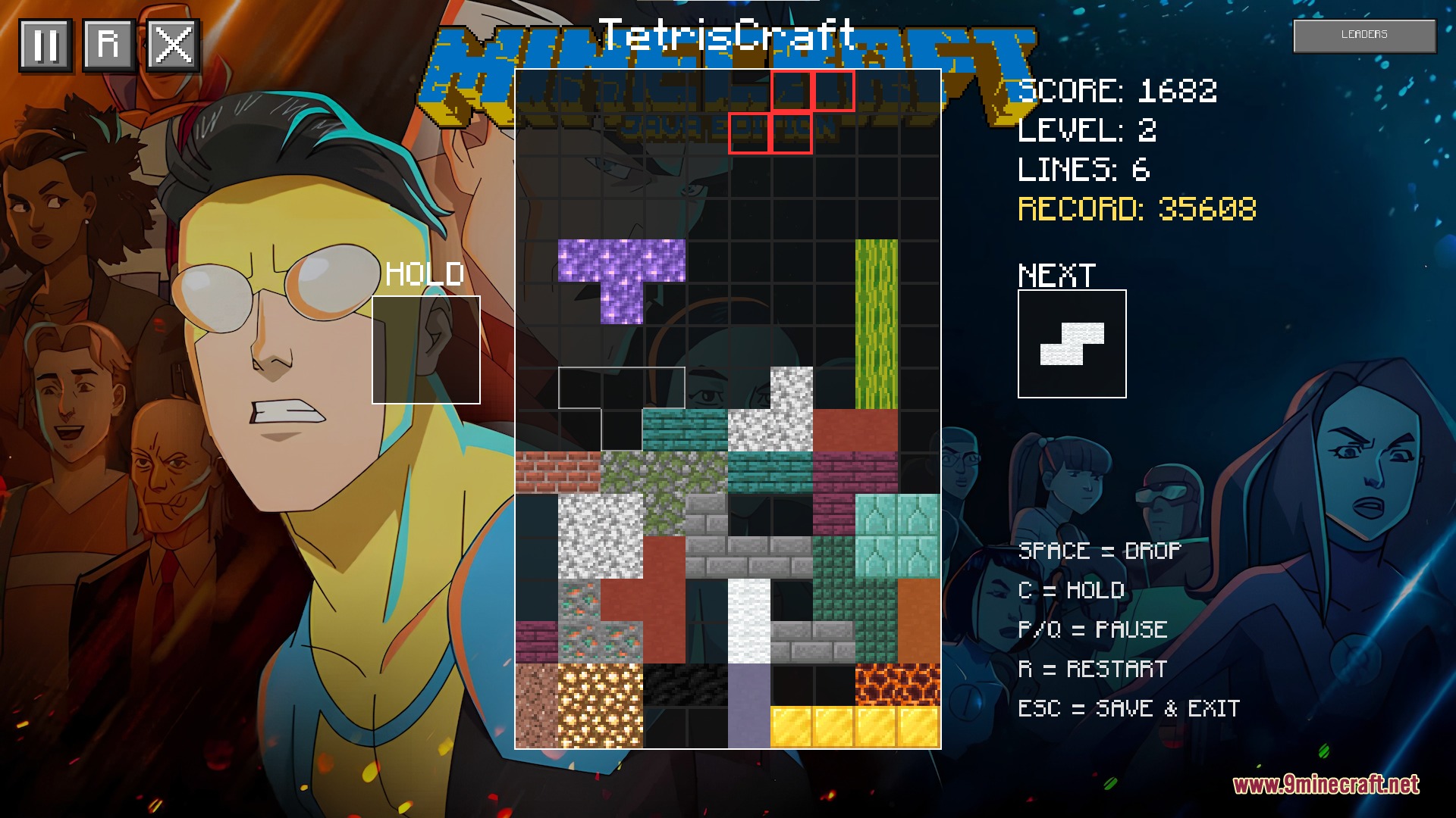 Tetris Craft Mod Screenshot 6 TetrisCraft mod interface with falling blocks over a custom animated character background
