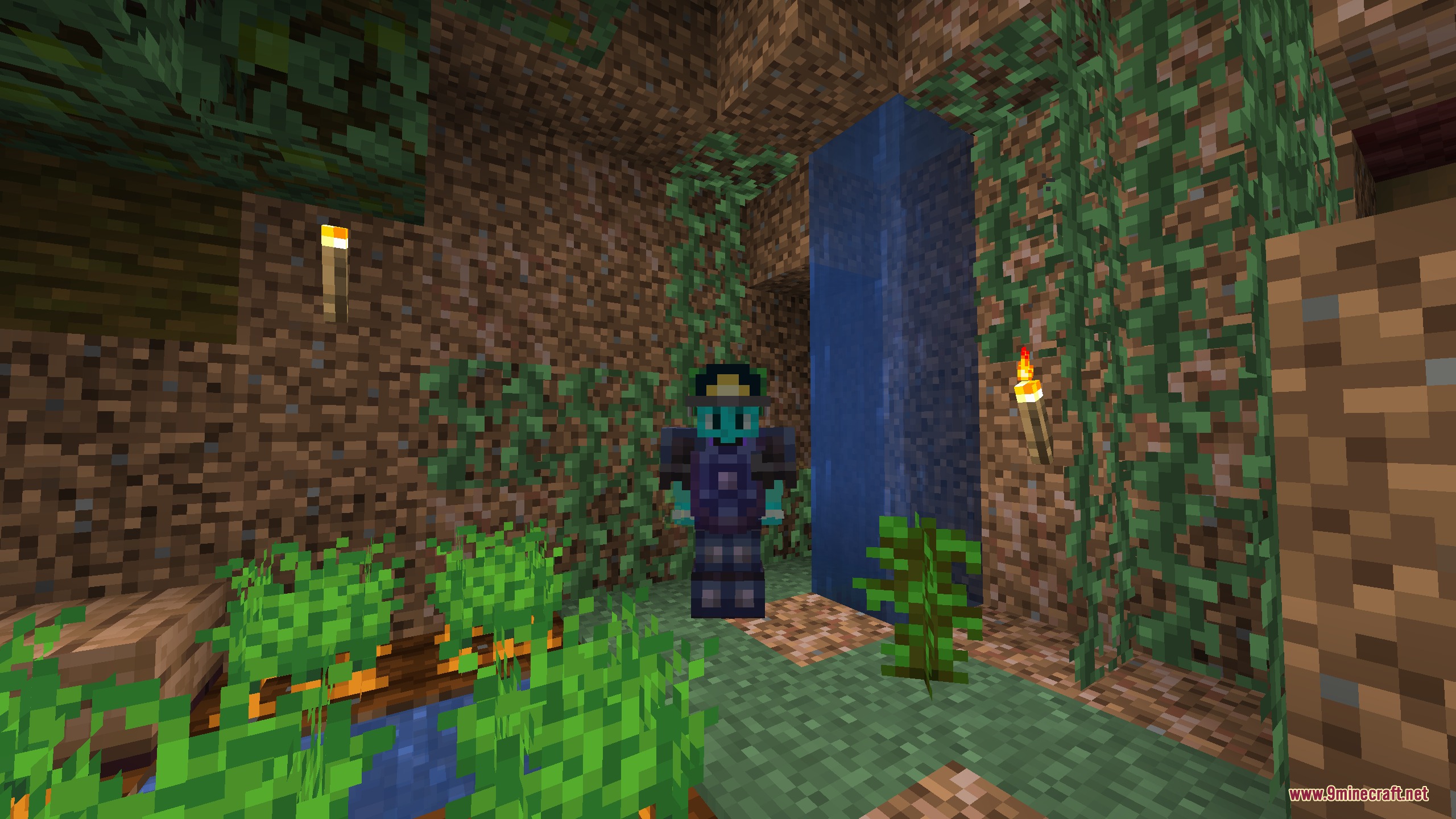 Thanking LSN Ce Pack Official Resource Pack Screenshot 1 A player wearing custom blue armor stands in a lush cave with vines