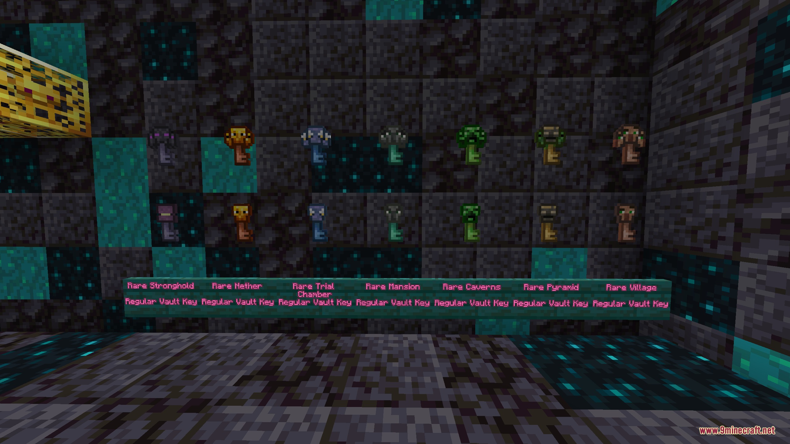 Thanking LSN Ce Pack Official Resource Pack Screenshot 2 Custom vault keys for different structures displayed on a dark sculk and deepslate wall