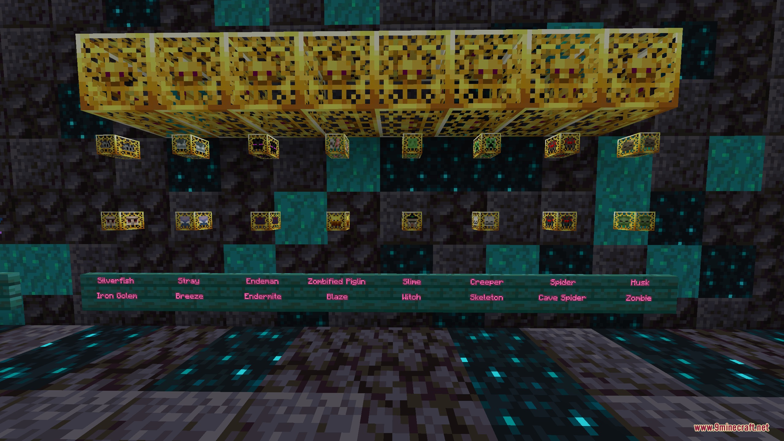 Thanking LSN Ce Pack Official Resource Pack Screenshot 3 Various mob spawners arranged on a sculk wall with descriptive wooden signs