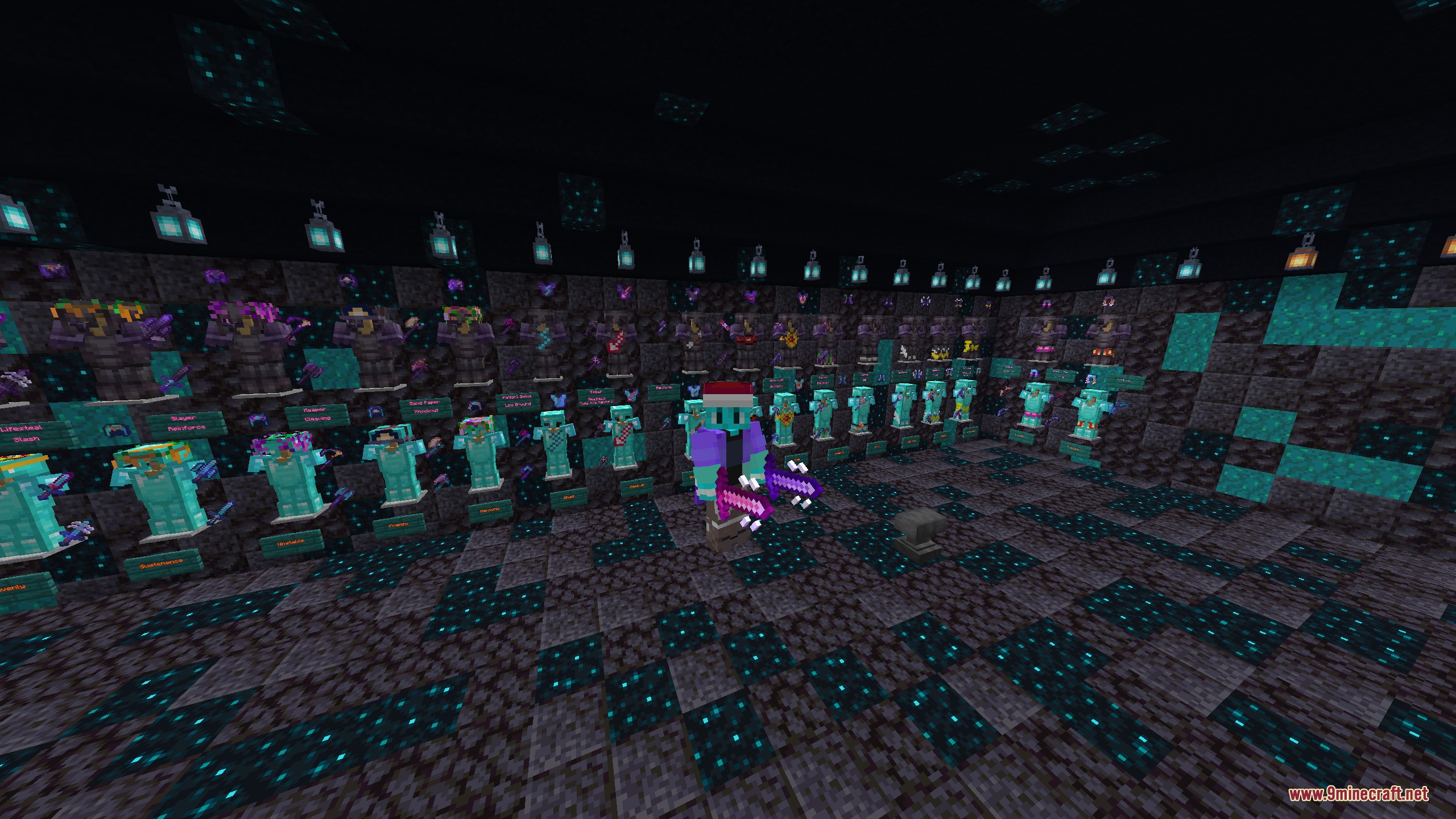 Thanking LSN Ce Pack Official Resource Pack Screenshot 4 Armor stands showcasing unique gear sets in a dark sculk themed room