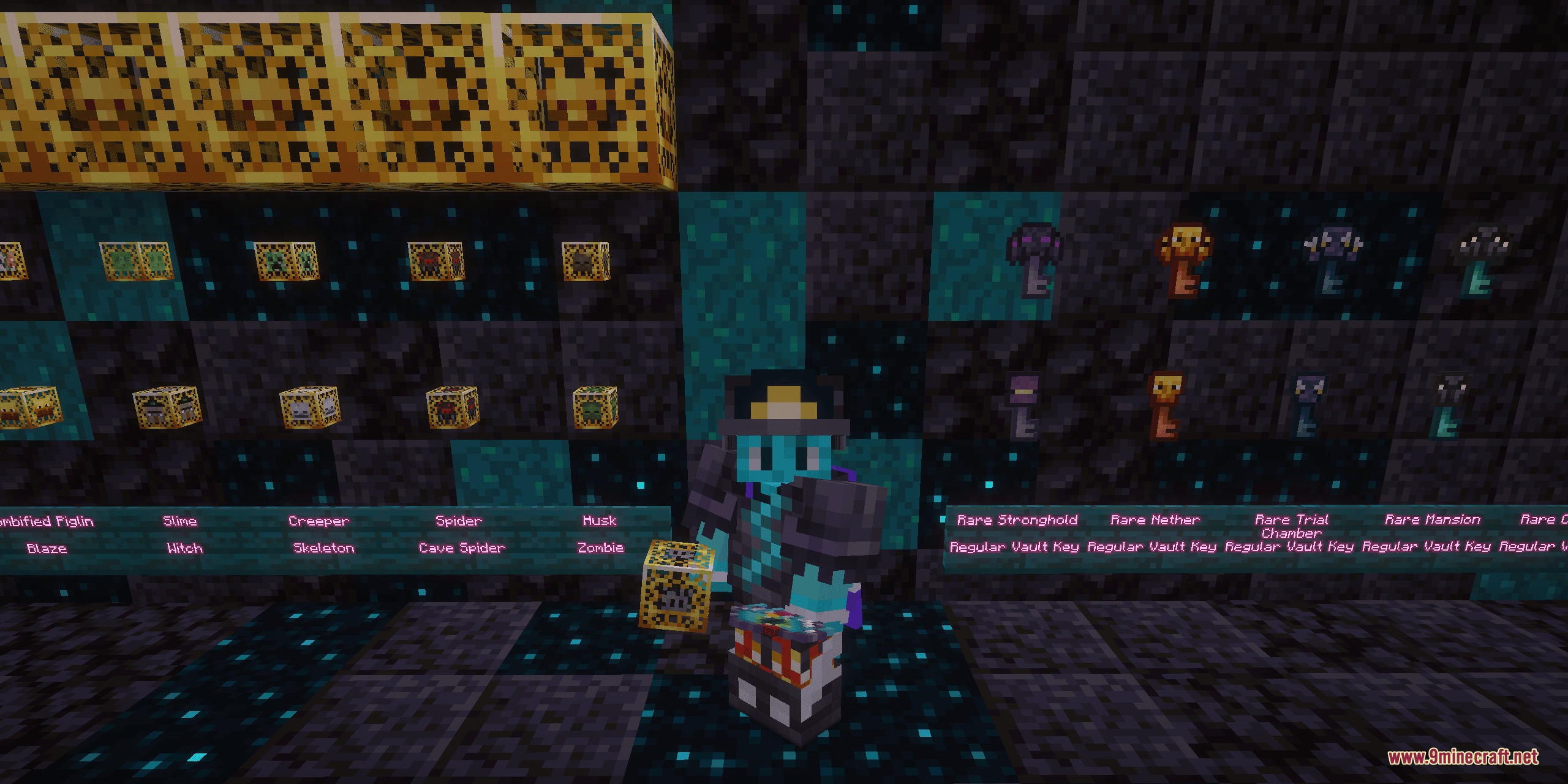 Thanking LSN Ce Pack Official Resource Pack Screenshot 5 Minecraft player showcasing custom monster spawners and rare vault keys on display