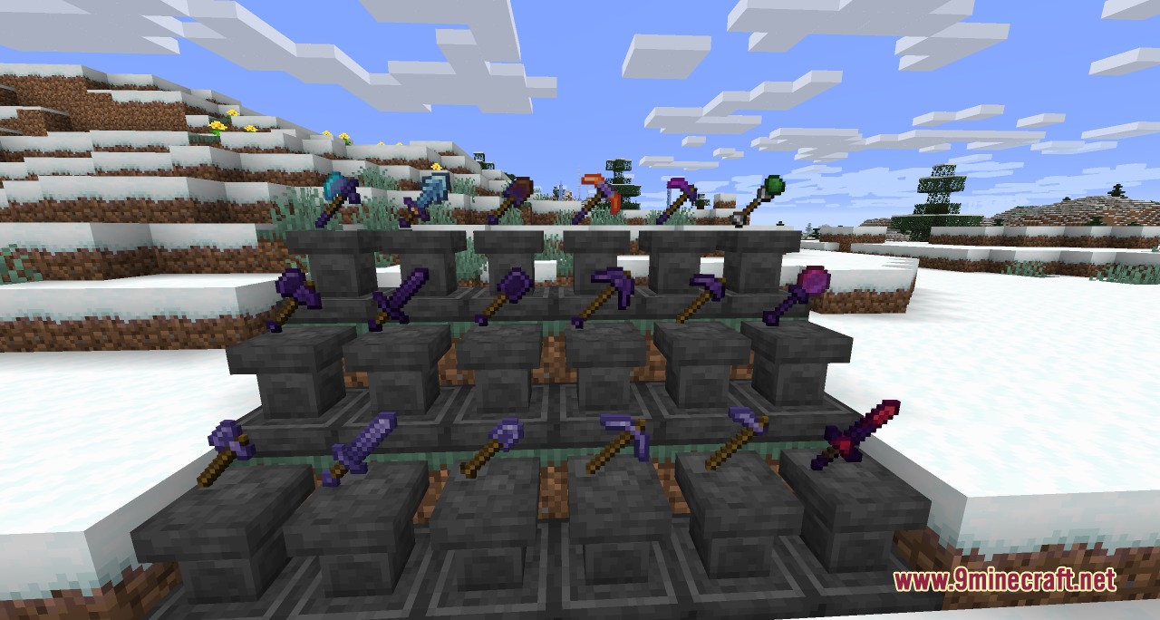 Updated magical tools and weapons from Thaum Pack displayed on stone anvils