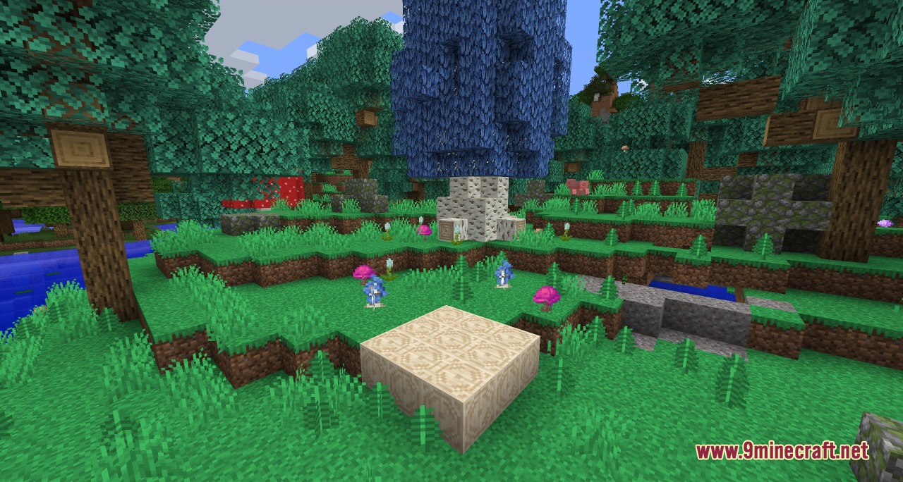 Silverwood tree with blue leaves and magical flowers in a forest biome