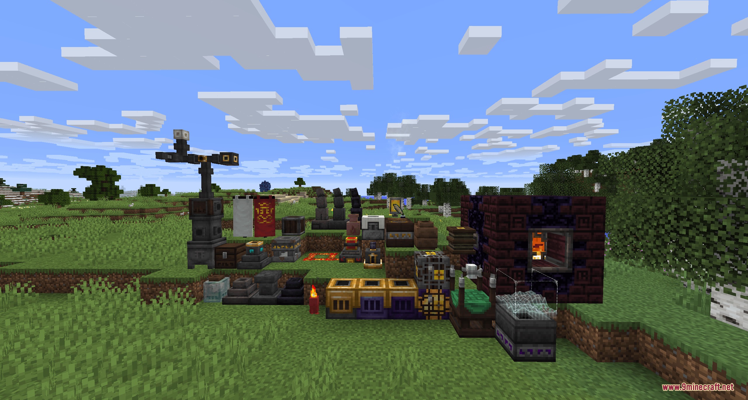 Various Thaumcraft machines and blocks displayed on a grassy field in Minecraft