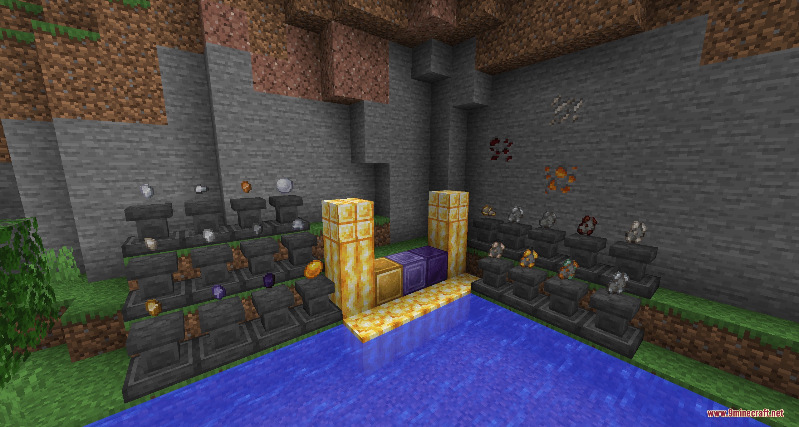 Various magical ores and blocks arranged on pedestals near a water pool
