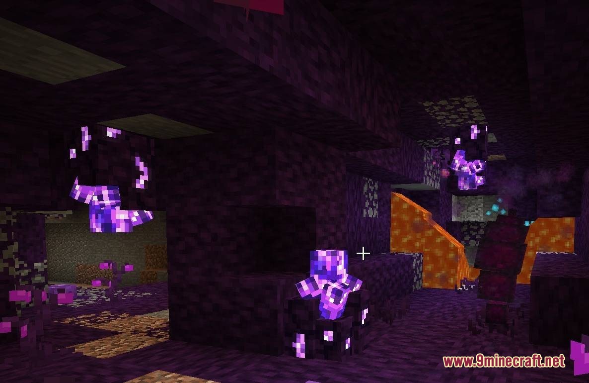 Thaumic Attempts Mod Screenshot 1 Glowing purple crystals and magical entities inside a dark cave with flowing lava