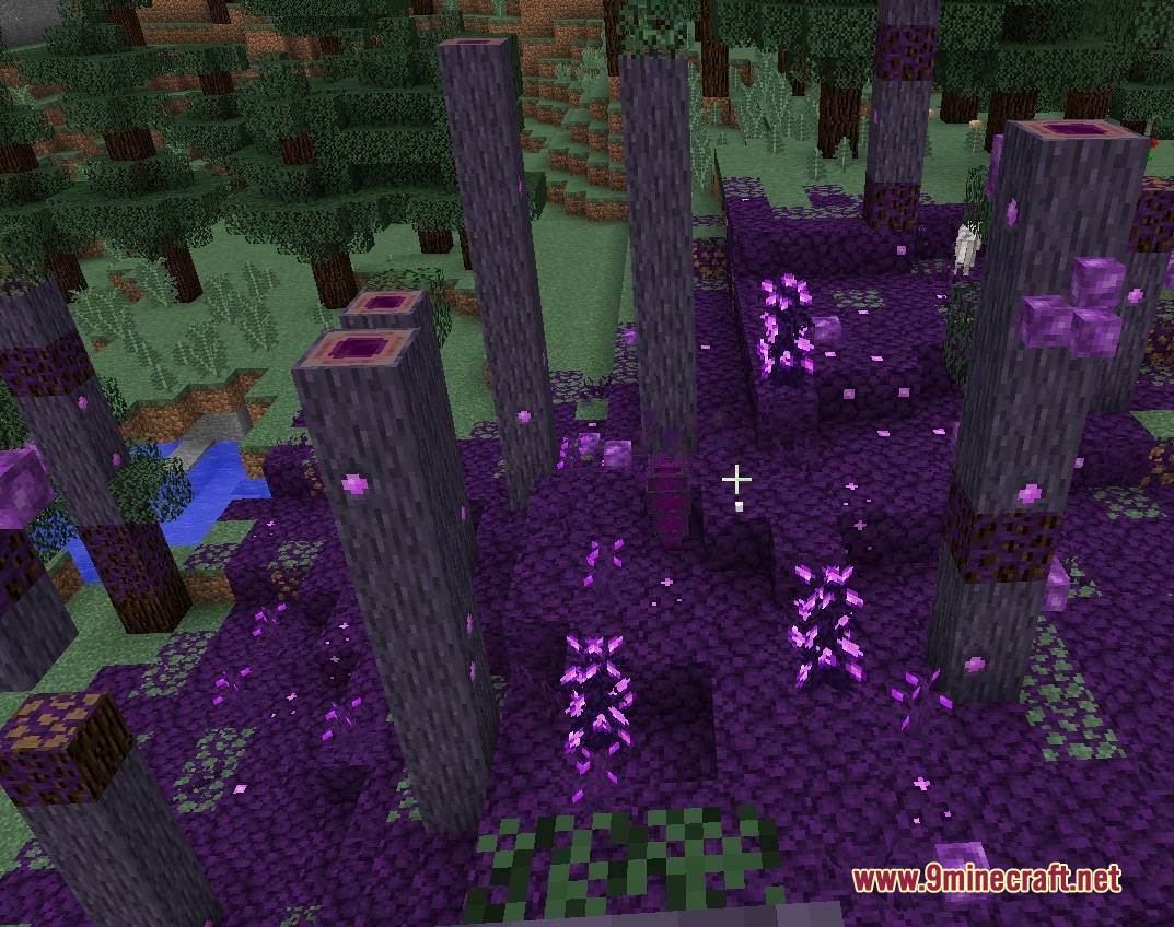 Thaumic Attempts Mod Screenshot 2 Magical purple corruption spreading through a forest with tall pillars and glowing crystals