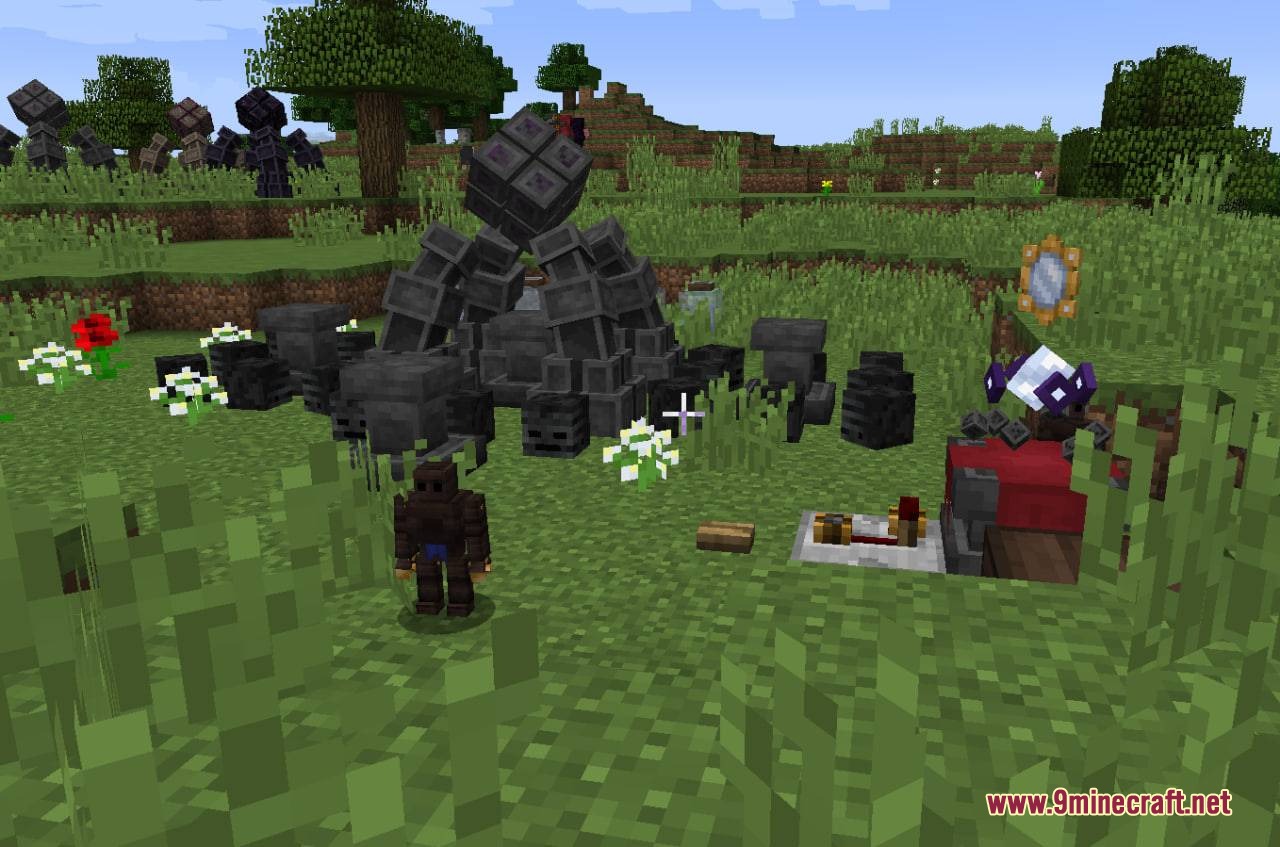 Thaumic Attempts Mod Screenshot 4 Player standing near magical automation machines and redstone components in a grassy field