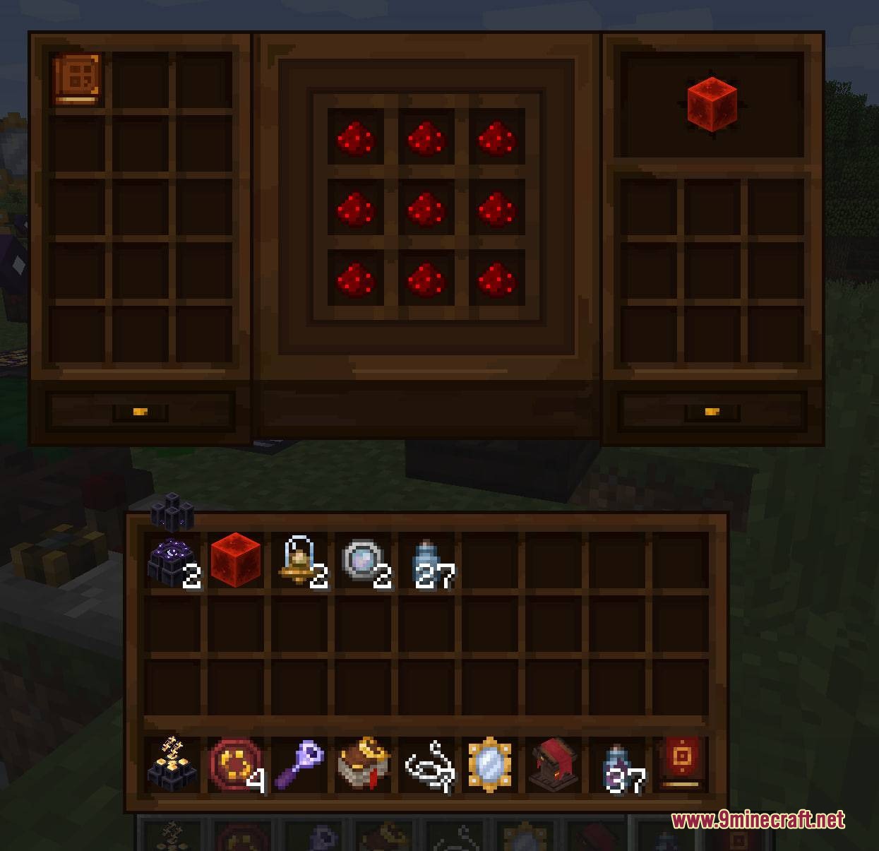 Thaumic Attempts Mod Screenshot 6 Wooden autocrafter GUI displaying a recipe to create a redstone block