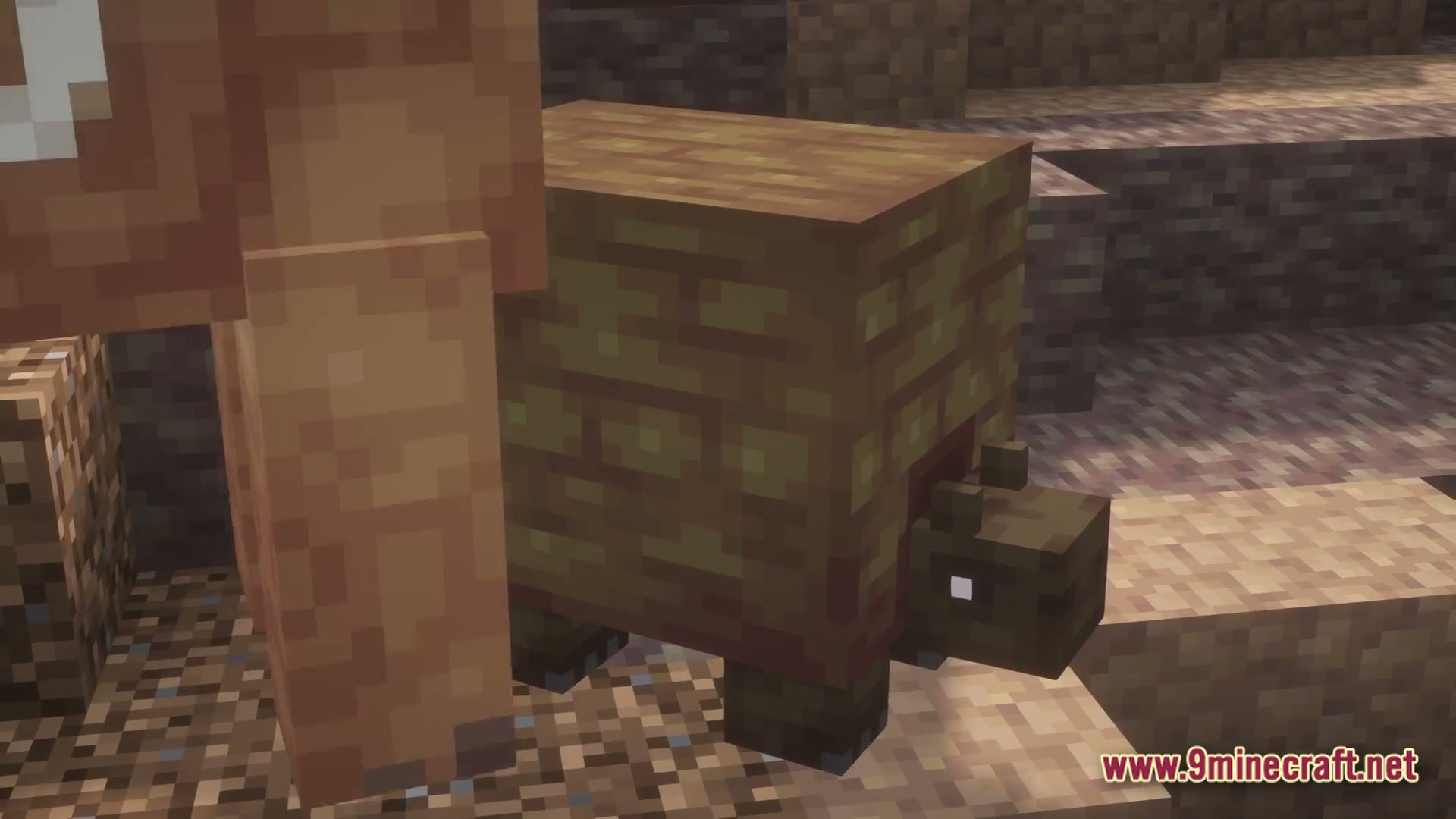 A small, blocky prehistoric creature with a patterned shell stands on a dirt terrain