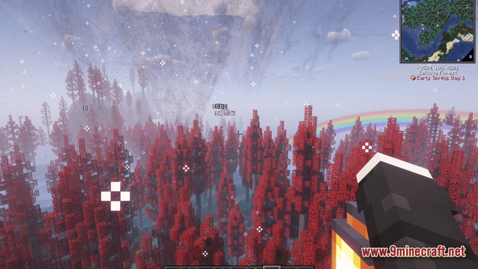 A first-person view of a red Zelkova Forest biome featuring a rainbow and a large tornado