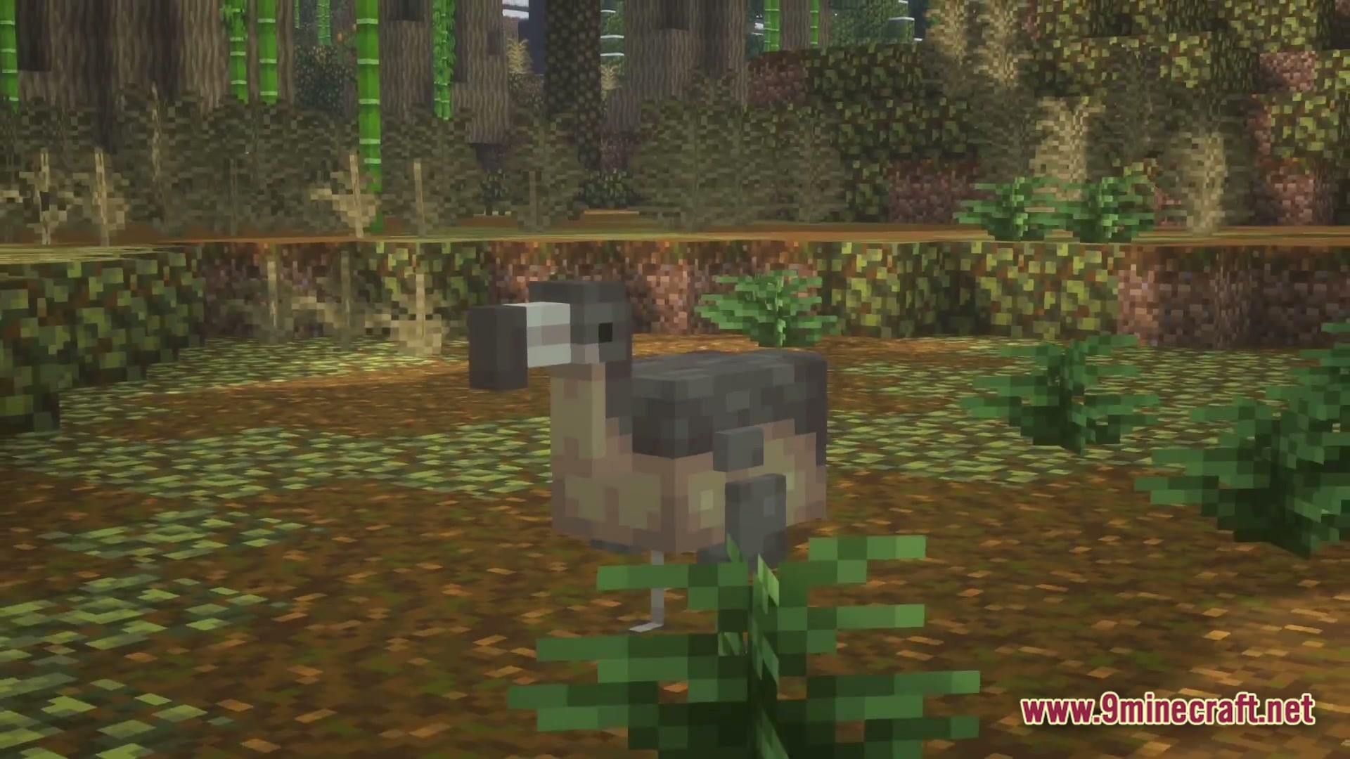 A dodo bird stands in a dense prehistoric jungle biome with bamboo and thick foliage