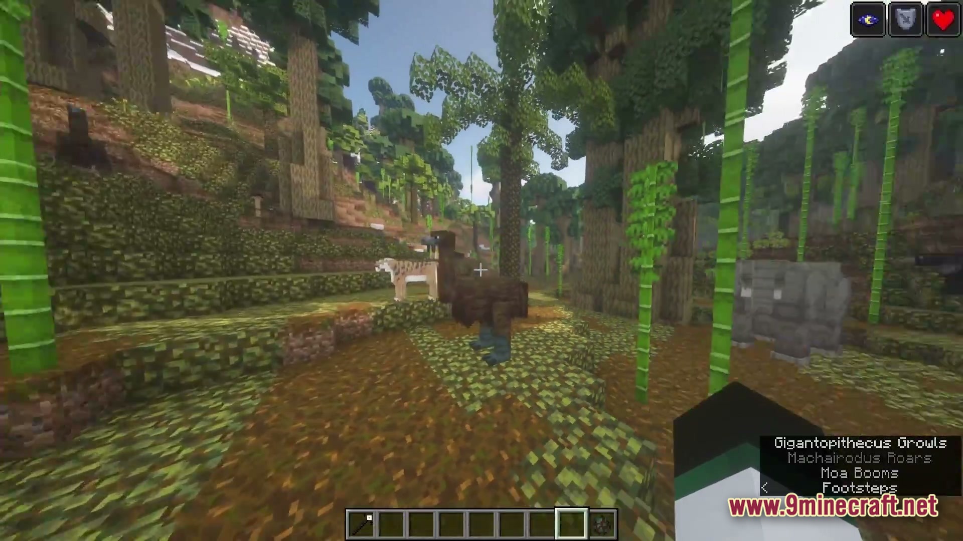 A Moa, Machairodus, and Gigantopithecus stand within a dense bamboo forest biome with tall trees