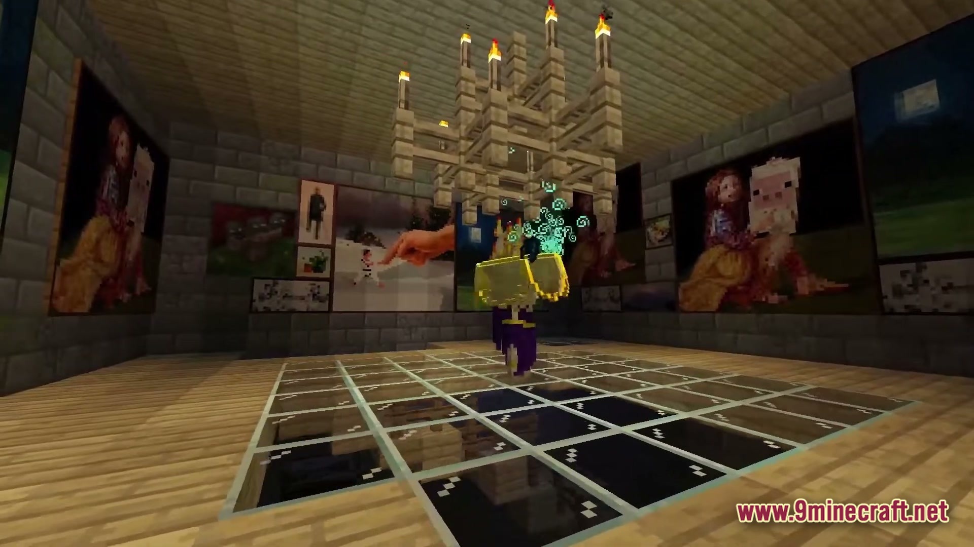 The Best Of Twilight Forest Modpack Screenshot 1 A player character wearing golden armor stands in a stone room decorated with paintings and chandeliers