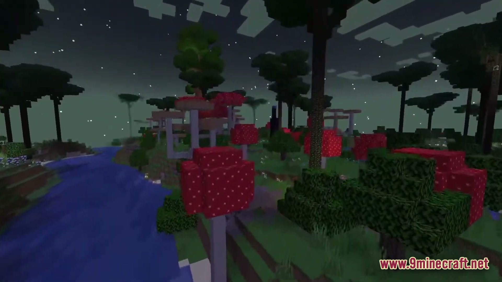 The Best Of Twilight Forest Modpack Screenshot 3 A landscape in the Twilight Forest dimension featuring giant mushrooms, tall trees, and a river at night