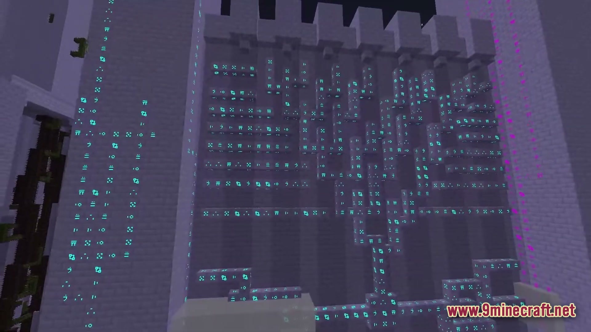 The Best Of Twilight Forest Modpack Screenshot 6 A large stone castle wall featuring glowing cyan runes and intricate block patterns in Twilight Forest