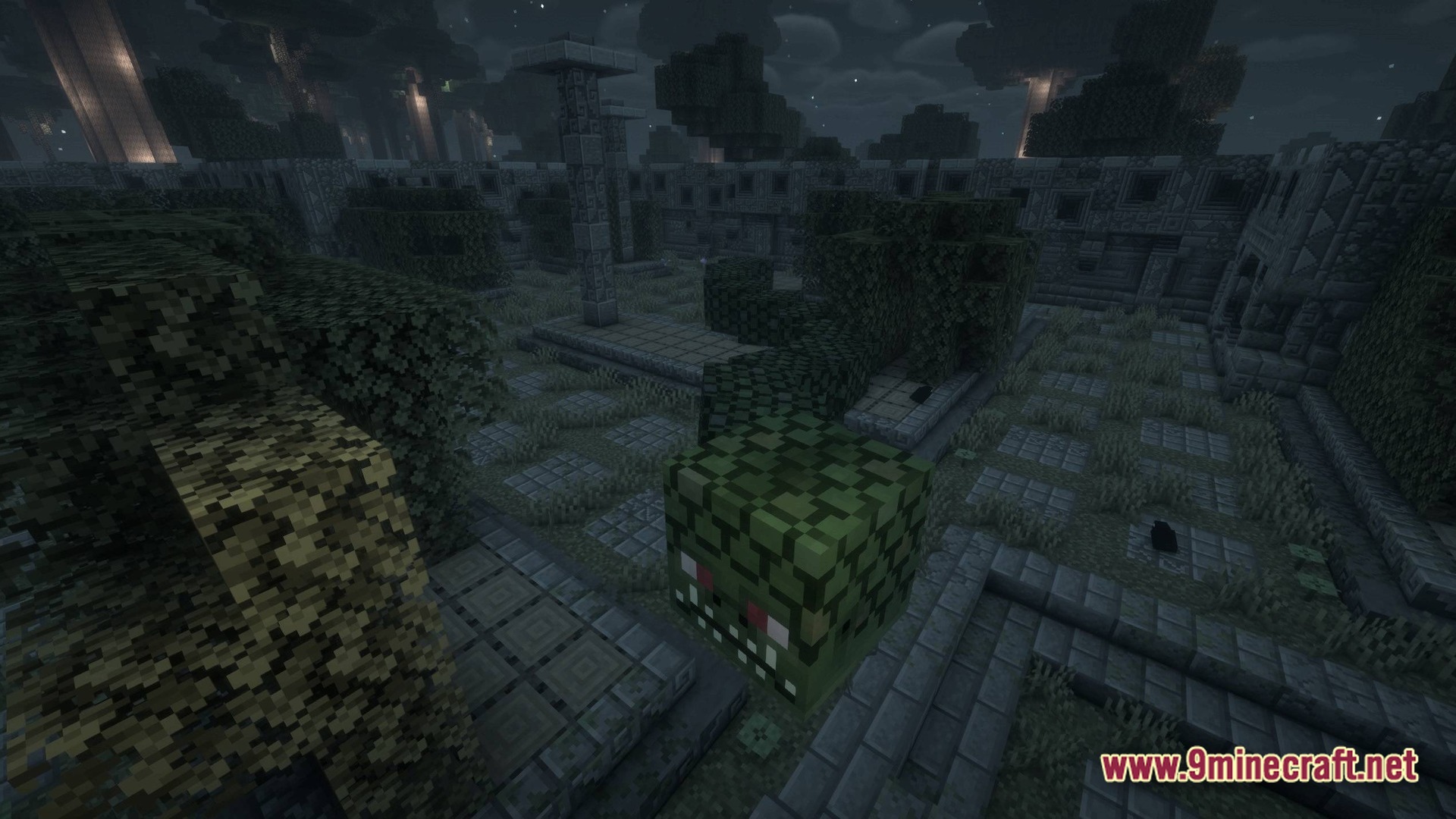 The Best Of Twilight Forest Modpack Screenshot 8 A hostile Hedge Spider mob within a stone-walled Hedge Maze structure in the Twilight Forest dimension