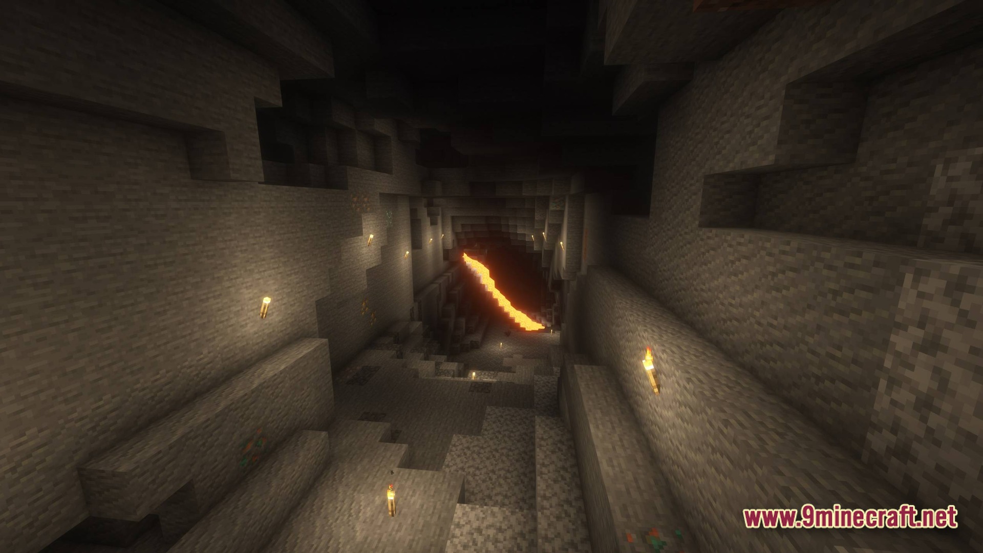 The Best Of Twilight Forest Modpack Screenshot 9 A dark underground stone cavern illuminated by torches and a distant stream of flowing lava