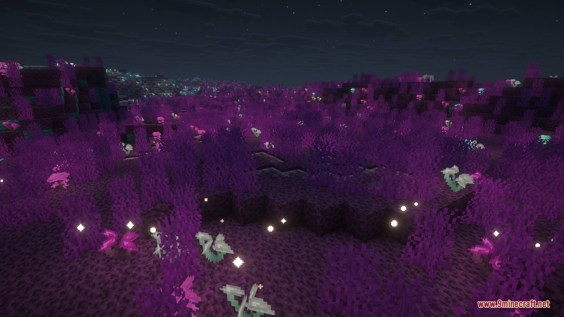 Glowing purple plants and mushrooms illuminating the Nocturnal Marsh biome at night