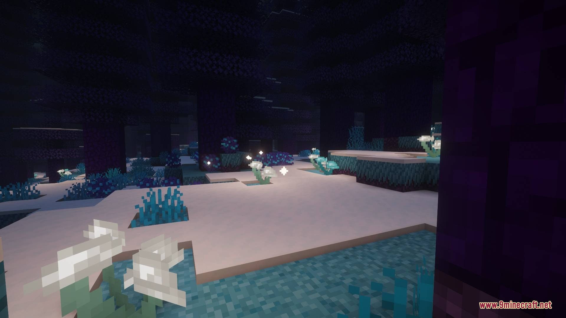 Luminous white flowers and glowing particles illuminate a dark Auroral Forest biome
