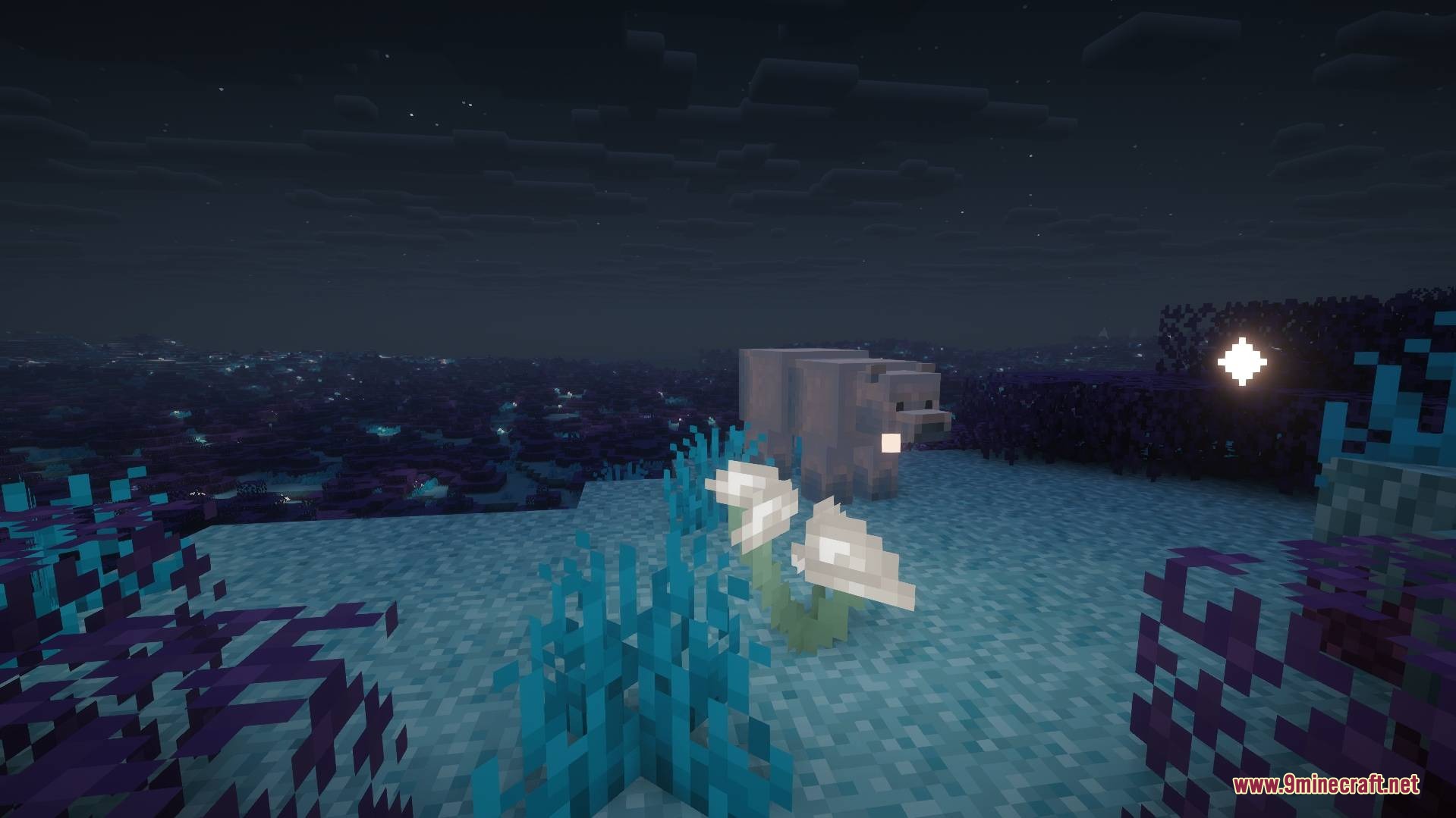 A frozen bear stands among glowing white flowers in the nocturnal marsh