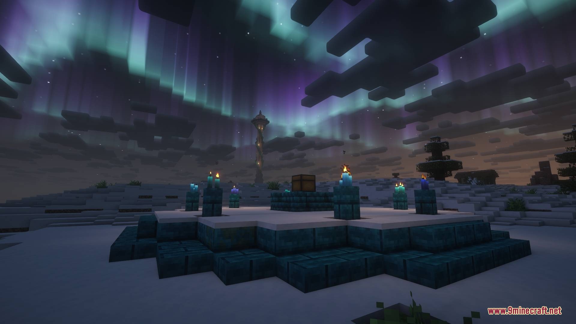 An ancient snow altar sits under a vibrant aurora borealis night sky