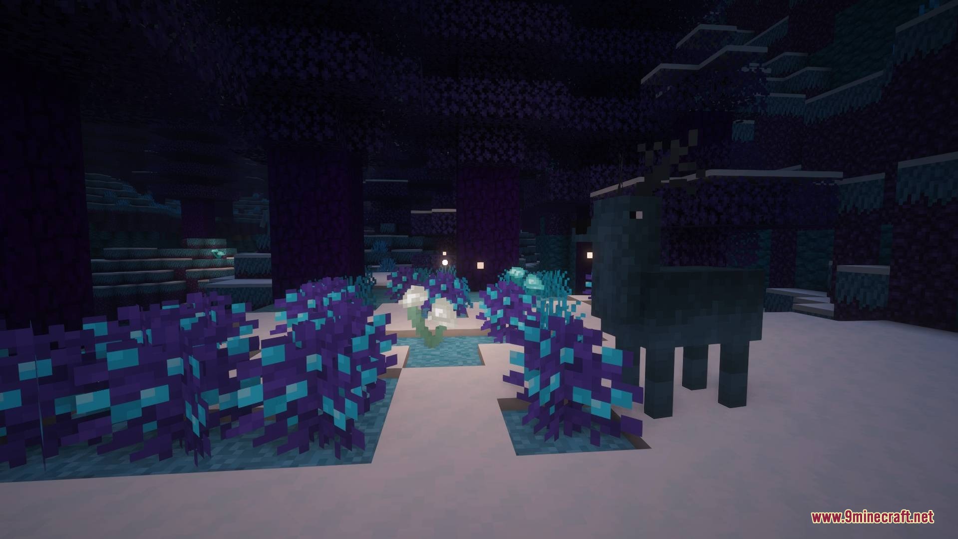 A Night Deer stands among glowing purple plants in a snowy forest biome